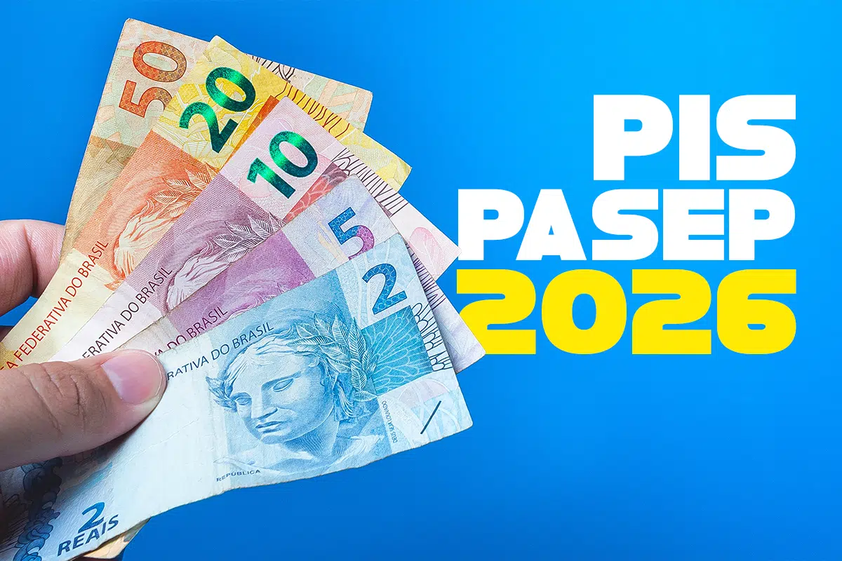 PIS/Pasep libera lote esquecido; veja se você tem direito a receber 6 Mão segurando notas de 2, 5, 10, 20 e 50 reais com texto PIS PASEP 2026 em fundo azul