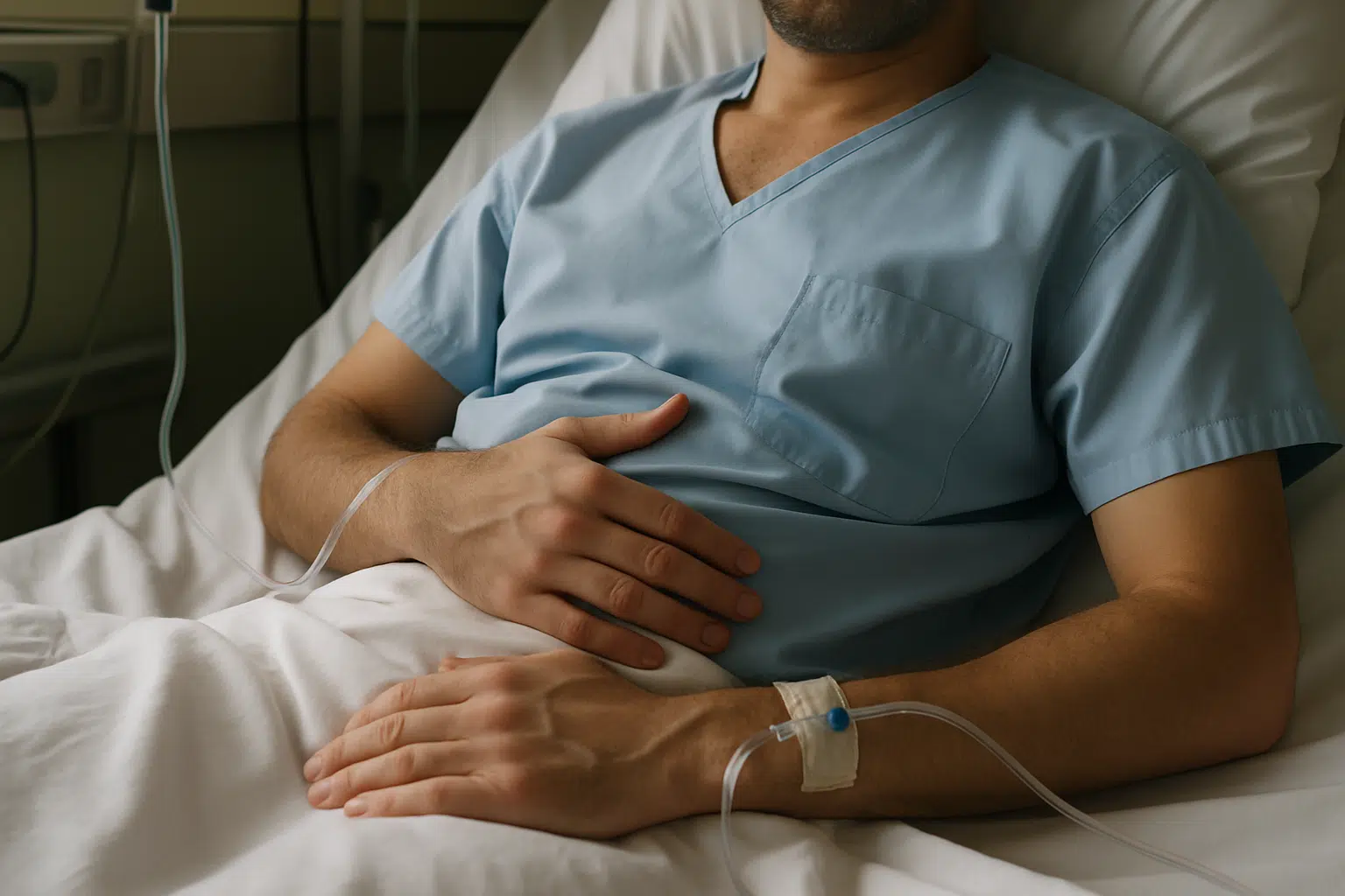 Família na Nova Zelândia decide retirar o estômago para sobreviver; entenda o caso 6 Homem deitado em cama de hospital com acesso intravenoso no braço