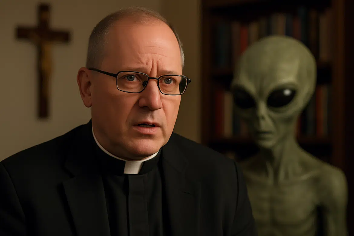 Padre falando com um alienígena ao fundo