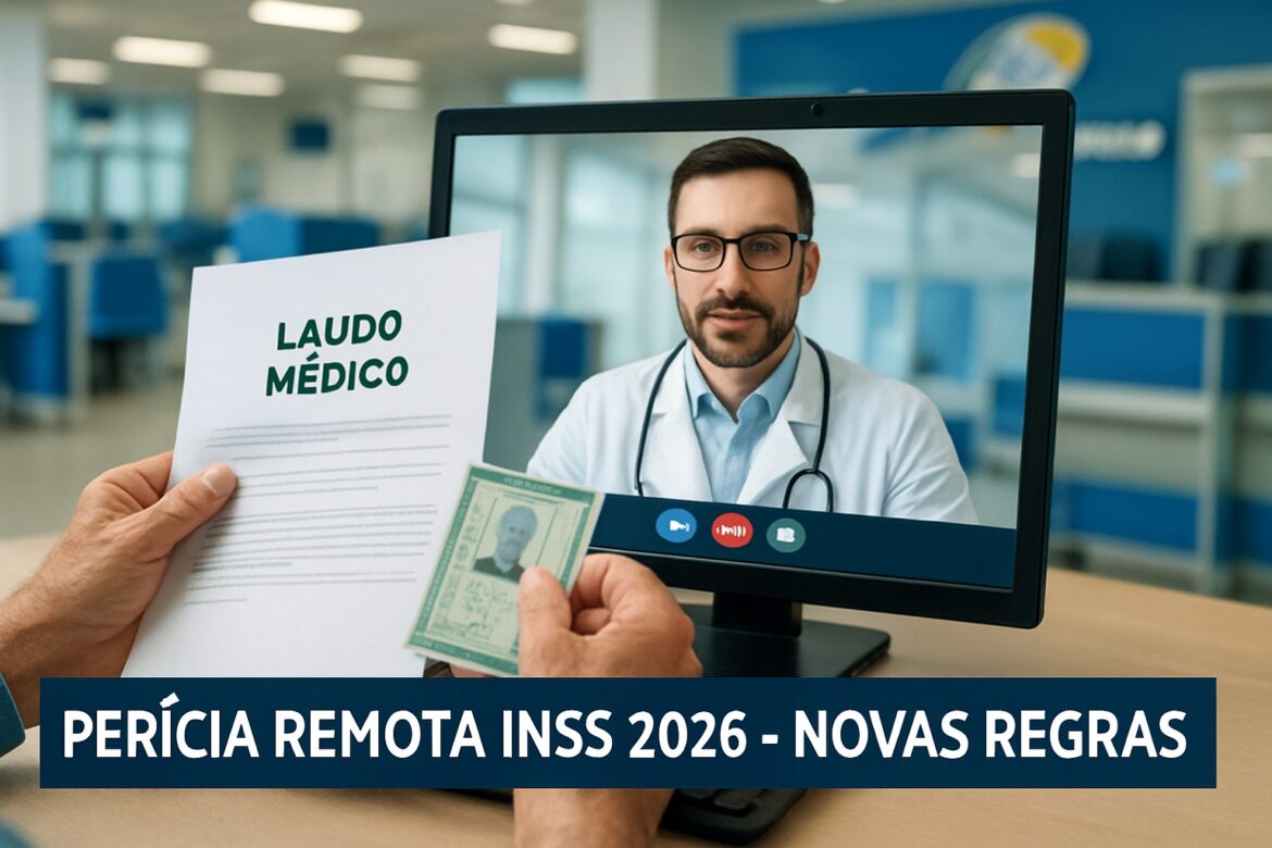 Consulta médica online com laudo médico e documento de identidade em destaque, e texto sobre novas regras de perícia remota INSS 2026.