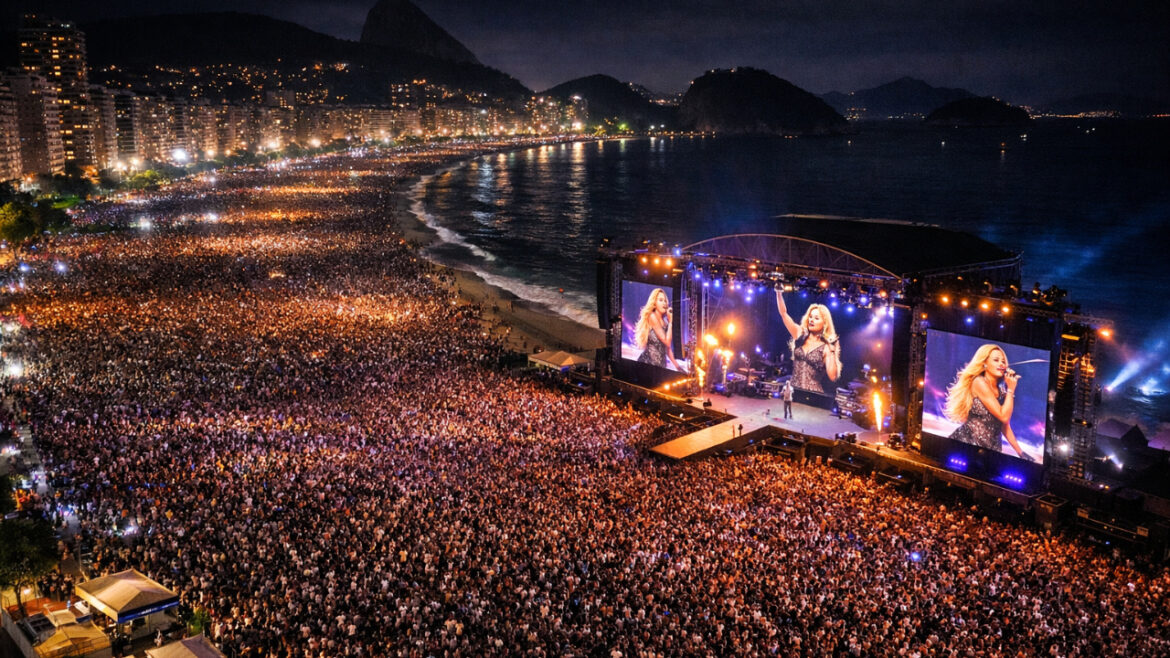 Show gratuito de Shakira na Praia de Copacabana com público estimado em 2 milhões de pessoas, telões LED e iluminação noturna