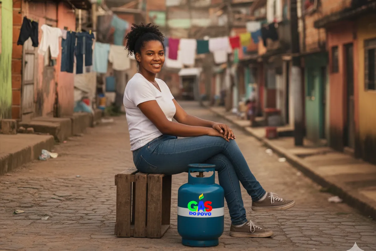 Valor do benefício Gás do Povo é reajustado em 22 estados; saiba quanto você vai receber 6 Mulher sorridente sentada em caixote de madeira com botijão azul do programa Gás do Povo em rua de comunidade