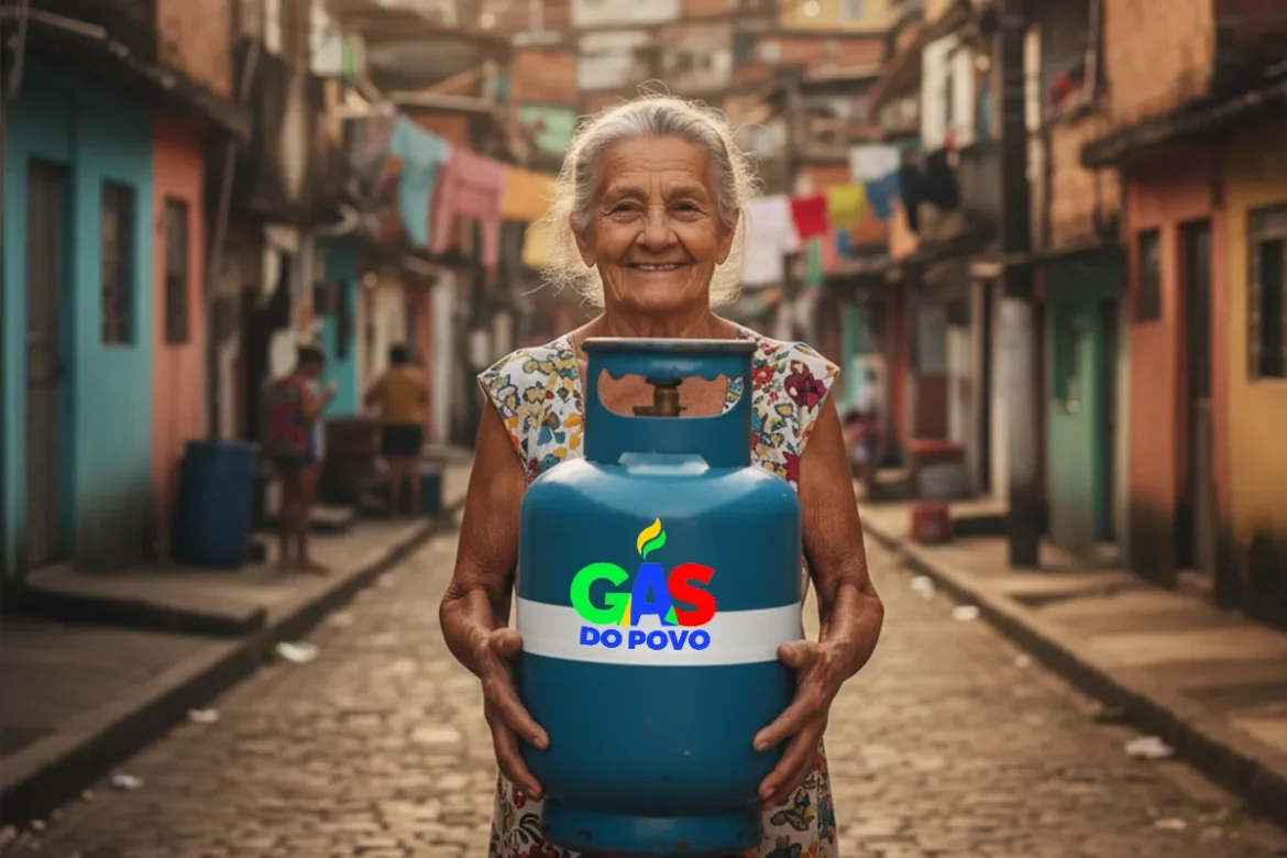 Senhora de cabelos grisalhos com blusa florida segura botijão de gás azul em rua de comunidade popular com casas coloridas