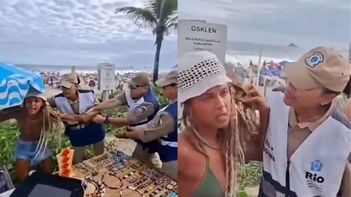 Montagem de dois quadros de um vídeo mostrando agentes da Guarda Municipal do Rio de Janeiro em uma abordagem na praia de Ipanema. No quadro da direita, uma guarda feminina segura o cabelo de uma artesã com dreadlocks, que usa um chapéu branco e biquíni verde. No quadro da esquerda, vários agentes cercam a mulher ao lado de uma mesa com bijuterias artesanais.