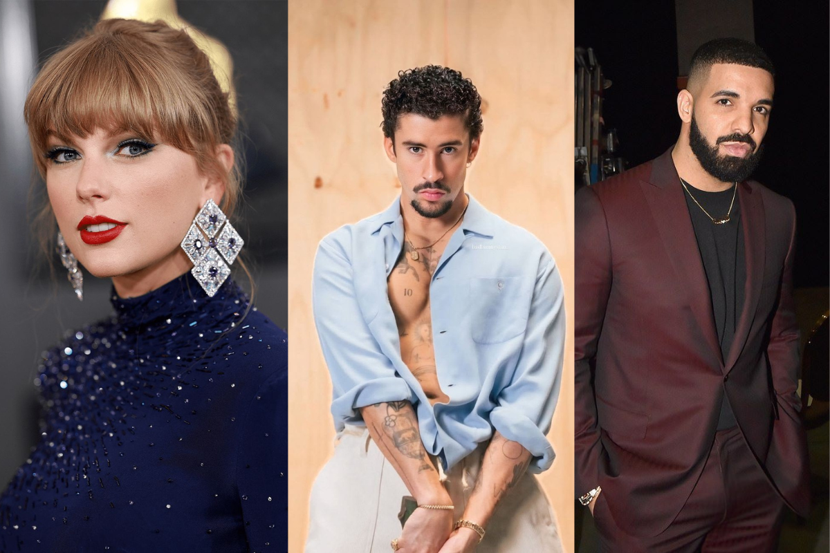 Spotify revela as 20 músicas mais reproduzidas e artistas mais ouvidos de todos os tempos 6 Montagem com três fotos verticais de artistas recordistas do Spotify: à esquerda, Taylor Swift com batom vermelho e brincos de diamante; ao centro, Bad Bunny com camisa azul aberta; à direita, Drake usando um terno vinho escuro.