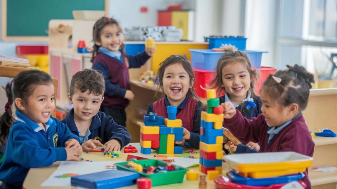 Crianças pequenas sorridentes, usando uniformes escolares, sentadas ao redor de uma mesa de madeira brincando com blocos de montar coloridos em uma sala de aula.