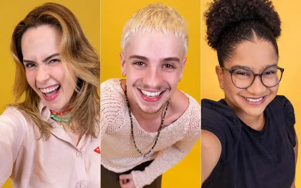 BBB 26: Programa terá final mista pela primeira vez; entenda 6 Ana Paula Renault, Milena e Juliano Floss - integrantes de grupos veterano, Pipoca e Camarote, sorrindo em fundo amarelo