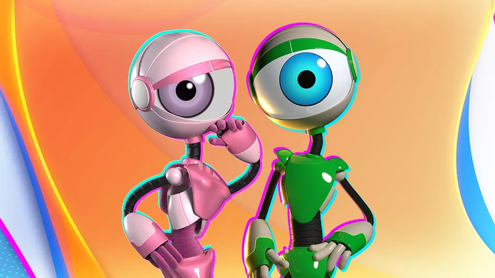 Inscrições para o BBB 27 já estão abertas: saiba como participar do Big Brother Brasil 6 Dois bonecos robôs (mascotes RoBBB) do Big Brother Brasil em primeiro plano. O robô da esquerda é rosa claro, com pernas e corpo metálicos pretos, olhos grandes e roxos, fazendo uma pose de "vovó" ou reflexiva com uma mão no queixo e a outra na cintura. O robô da direita é verde vibrante, com corpo e pernas metálicos pretos, olhos grandes e azuis claros, posando em pé ao lado. Ambos estão em um cenário com cores vibrantes e gradientes de laranja, amarelo e azul, com linhas curvas. A imagem é em estilo 3D e renderização digital.