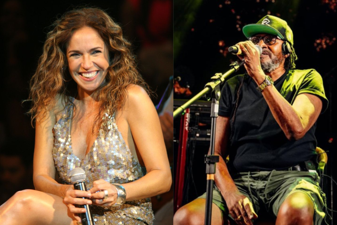 Montagem de duas fotos lado a lado. À esquerda, Daniela Mercury sorri segurando um microfone. À direita, Edson Gomes canta em pé com microfone, óculos e boné.