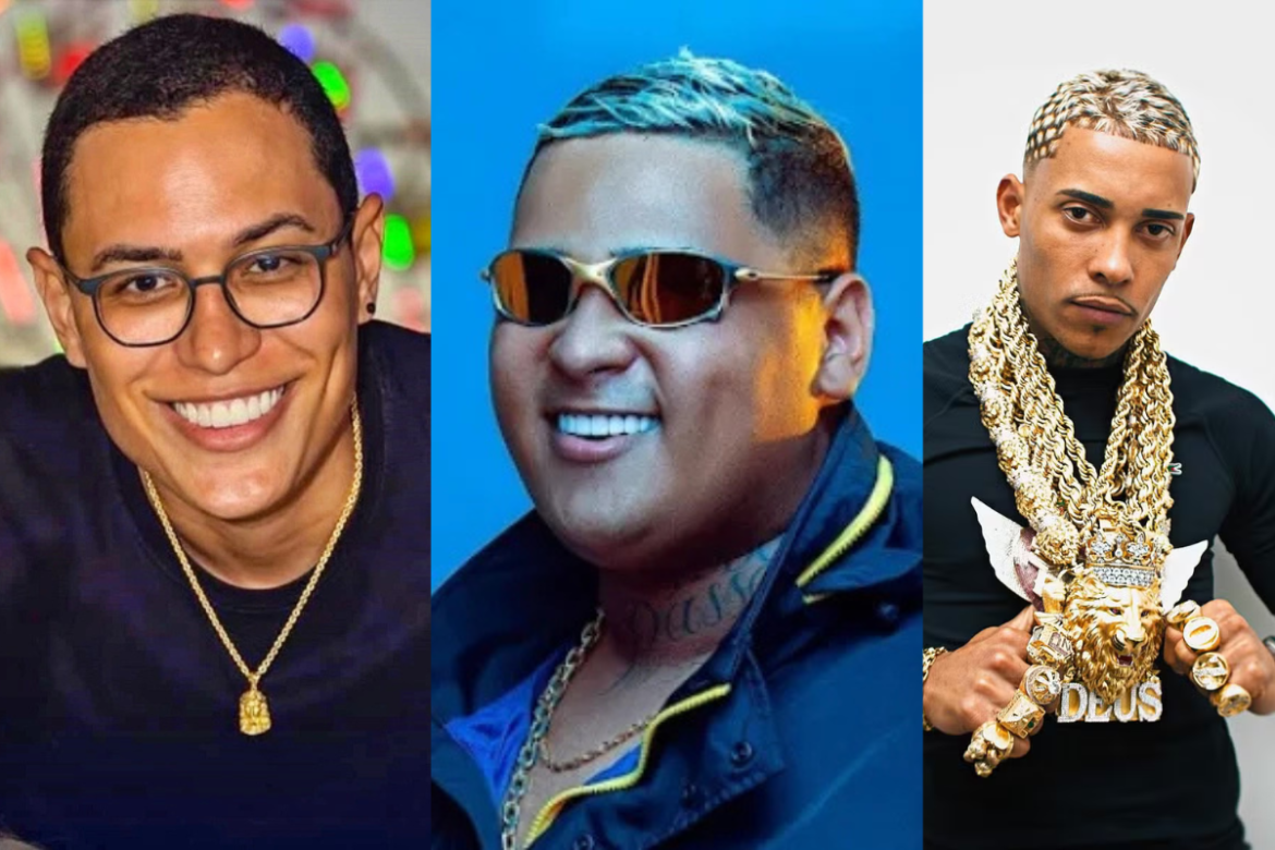 Montagem com fotos de Raphael Sousa (Choquei), MC Poze do Rodo e MC Ryan SP. Raphael sorri de óculos, Poze usa óculos escuros e Ryan exibe correntes douradas.