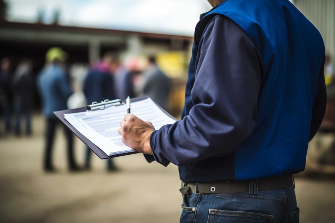 Pessoa usando colete azul escreve em prancheta durante fiscalização, grupo desfocado ao fundo
