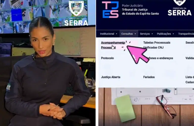 Guarda ajuda mulheres a se proteger pesquisando histórico de parceiros; veja como 6 Agente da Guarda Municipal da Serra em uniforme preto orienta sobre consulta processual no site do TJES com seta indicando menu.