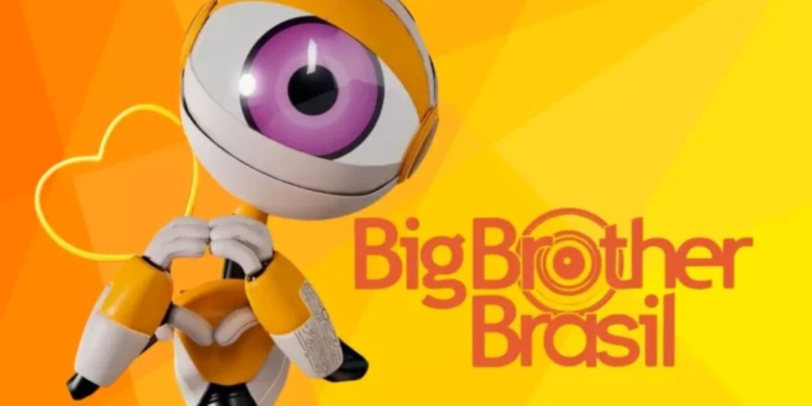 Mascote RoBBB do Big Brother Brasil fazendo um sinal de coração com as mãos robóticas brancas e laranja. Ele tem um olho central grande e roxo. O fundo é amarelo e laranja vibrante com formas geométricas. À direita, o logotipo "Big Brother Brasil" em laranja.