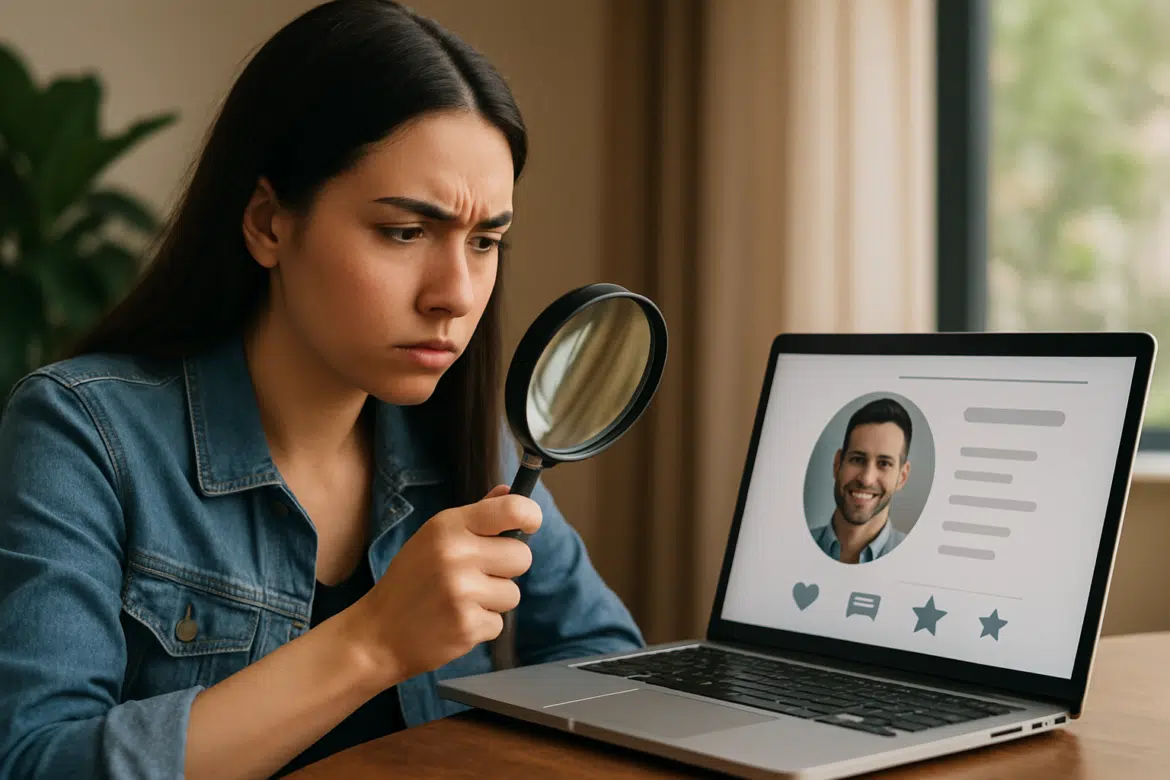 Mulher de cabelos escuros usa lupa para examinar perfil masculino em notebook, demonstrando cautela antes de relacionamento.