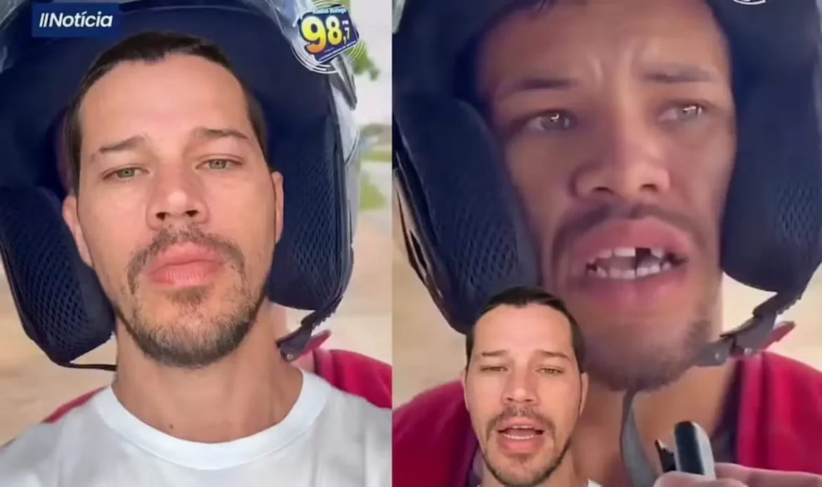 Comparação entre José Loreto e homem muito parecido usando capacete, destacando semelhança impressionante.