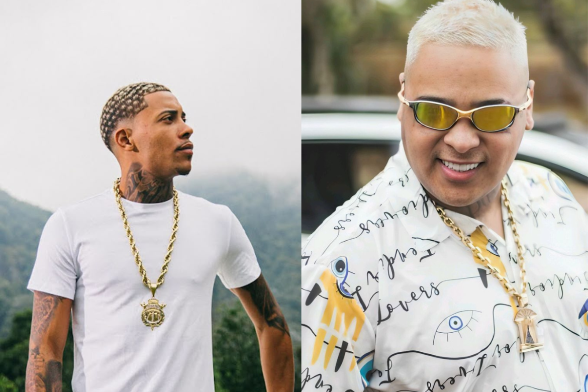 Montagem fotográfica com os cantores de funk MC Poze do Rodo (à esquerda, de perfil com camiseta branca) e MC Ryan SP (à direita, sorrindo com óculos de sol e camisa estampada). Ambos usam correntes de ouro.