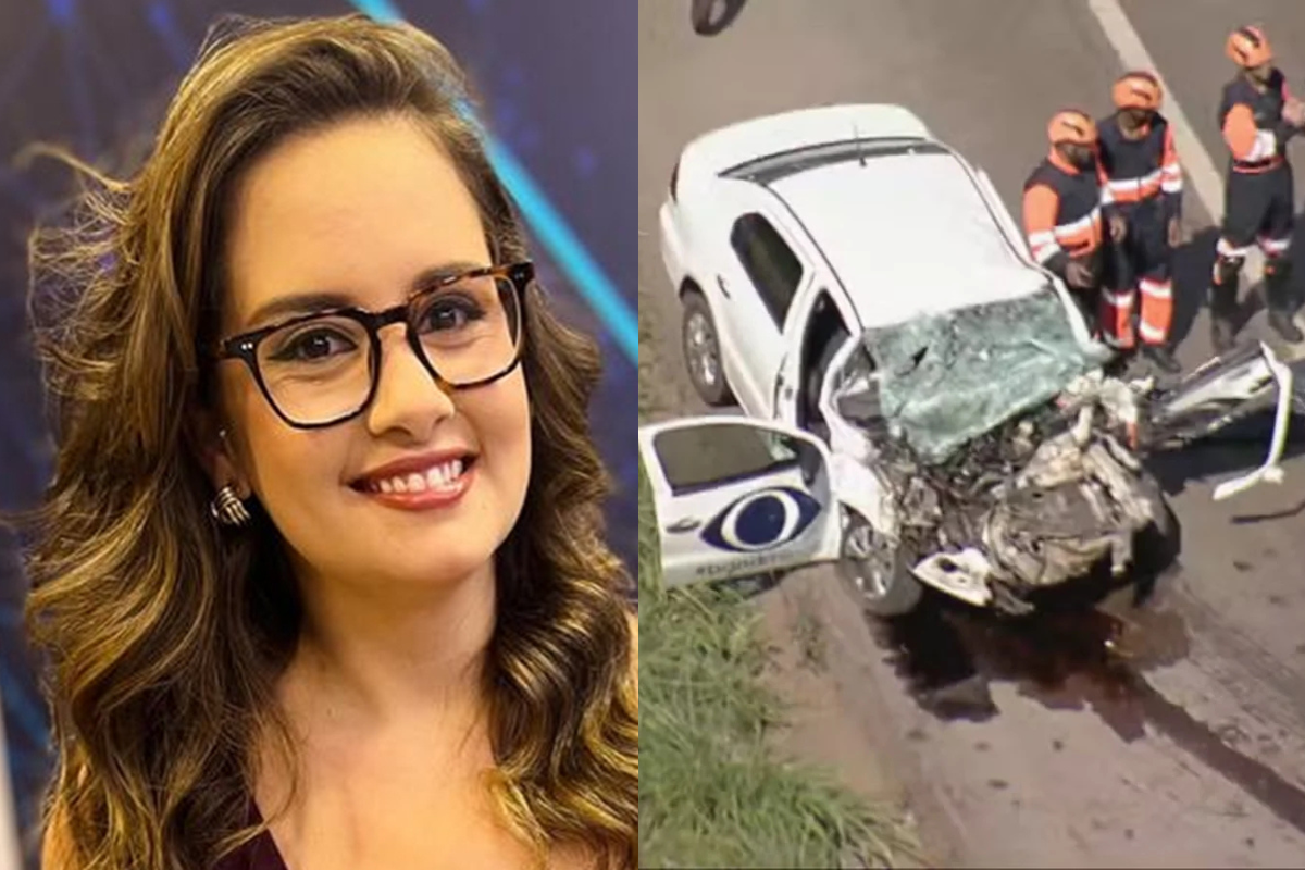 Repórter da Band tem morte encefálica confirmada após acidente; família autoriza doação de órgãos 6 Montagem dividida: à esquerda, foto de rosto da jornalista Alice Ribeiro sorrindo; à direita, imagem aérea do carro de reportagem da Band Minas totalmente destruído após colisão frontal na BR-381, com equipes de resgate ao lado.