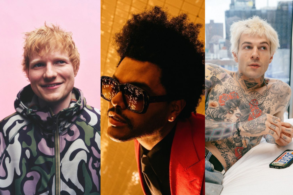 Montagem com três fotos de artistas recordistas do Spotify: à esquerda, o cantor Ed Sheeran sorrindo; ao centro, The Weeknd usando óculos escuros e terno vermelho; à direita, Jesse Rutherford (The Neighbourhood) sentado em uma cama mostrando suas tatuagens.