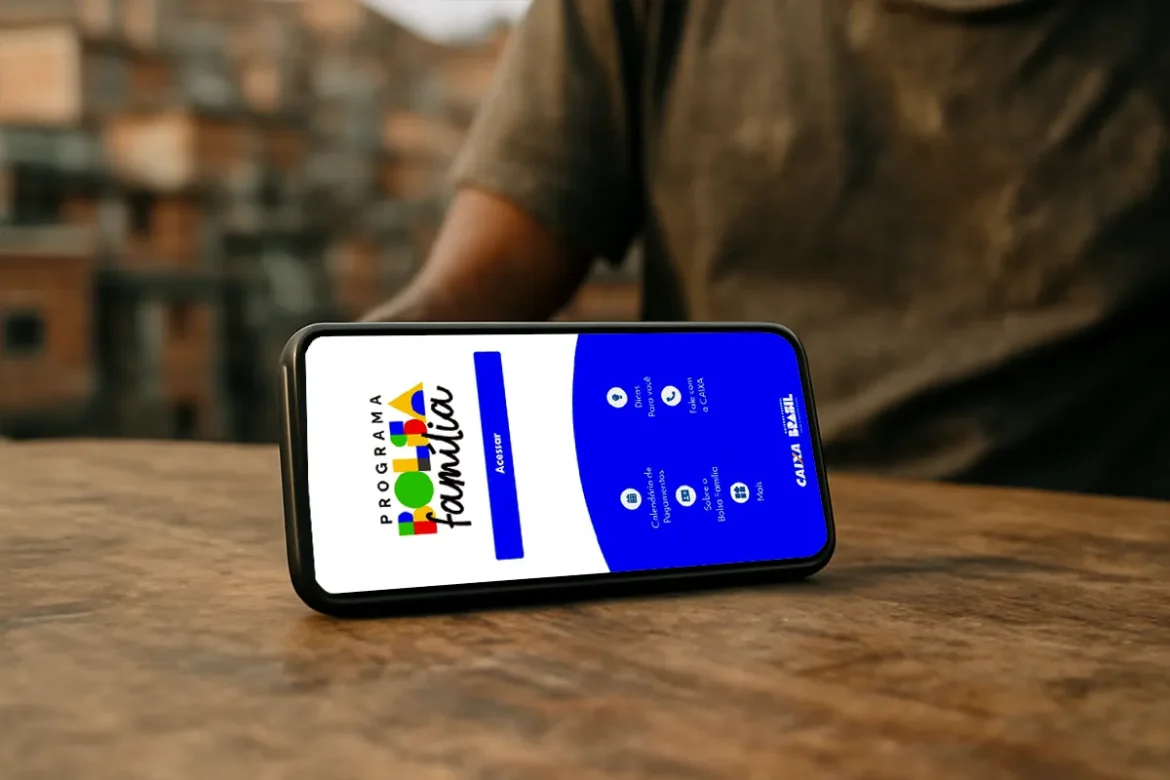 Ilustração do smartphone com tela de aplicativo, representando o programa Bolsa Família.