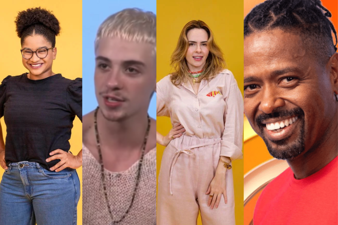 Montagem vertical com quatro participantes do BBB 26 sorrindo em fotos individuais de estúdio sobre fundos coloridos.