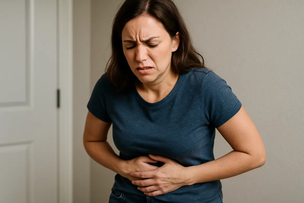 Mulher de cabelo castanho usando camiseta azul segura o abdômen com expressão de dor em ambiente doméstico