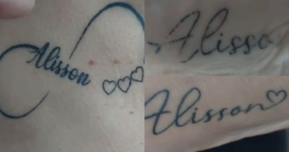 Caso grave: dentista suspeito de cárcere privado força companheira a tatuar nome 10 vezes 6 Colagem de três fotos mostrando tatuagens pretas com o nome "Alisson". Duas fotos exibem o nome em fonte cursiva; uma delas inclui o nome dentro de um símbolo do infinito com três pequenos corações ao lado.