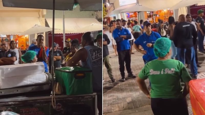 "Vou traficar com quatro filhos para criar?" desabafo chocante de vendedora durante fiscalização viraliza 6 Grupo de pessoas, incluindo fiscais e uma vendedora ambulante, durante fiscalização em rua iluminada à noite, barracas visíveis.