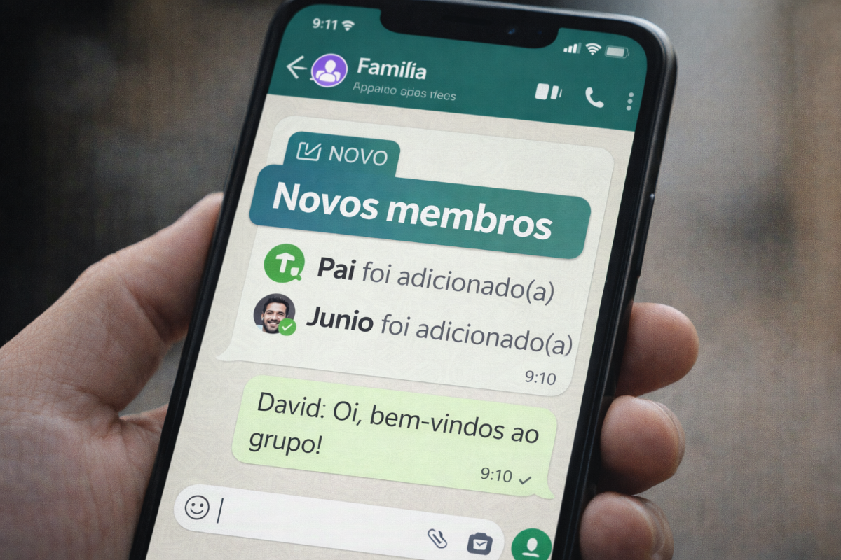 Novidade no WhatsApp: sugestões de novos membros para grupos estão chegando 6 Celular mostrando conversa de grupo no WhatsApp com aviso de novos membros adicionados