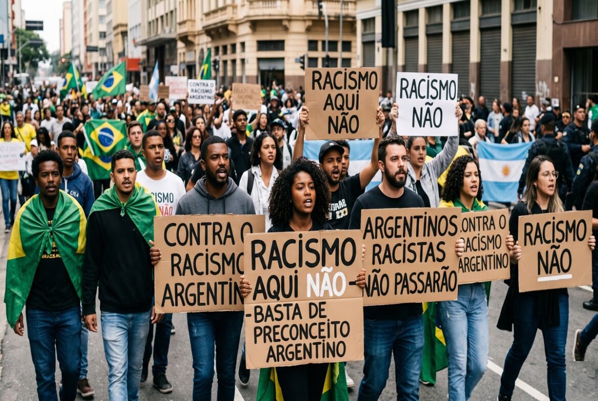 Manifestantes carregam cartazes "Racismo Aqui Não" e "Argentinos Racistas Não Passarão" com bandeiras do Brasil e Argentina