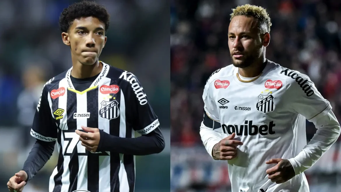 Montagem com Robinho Jr., camisa 7 listrada, e Neymar, camisa branca, ambos uniformes do Santos com patrocínios visíveis