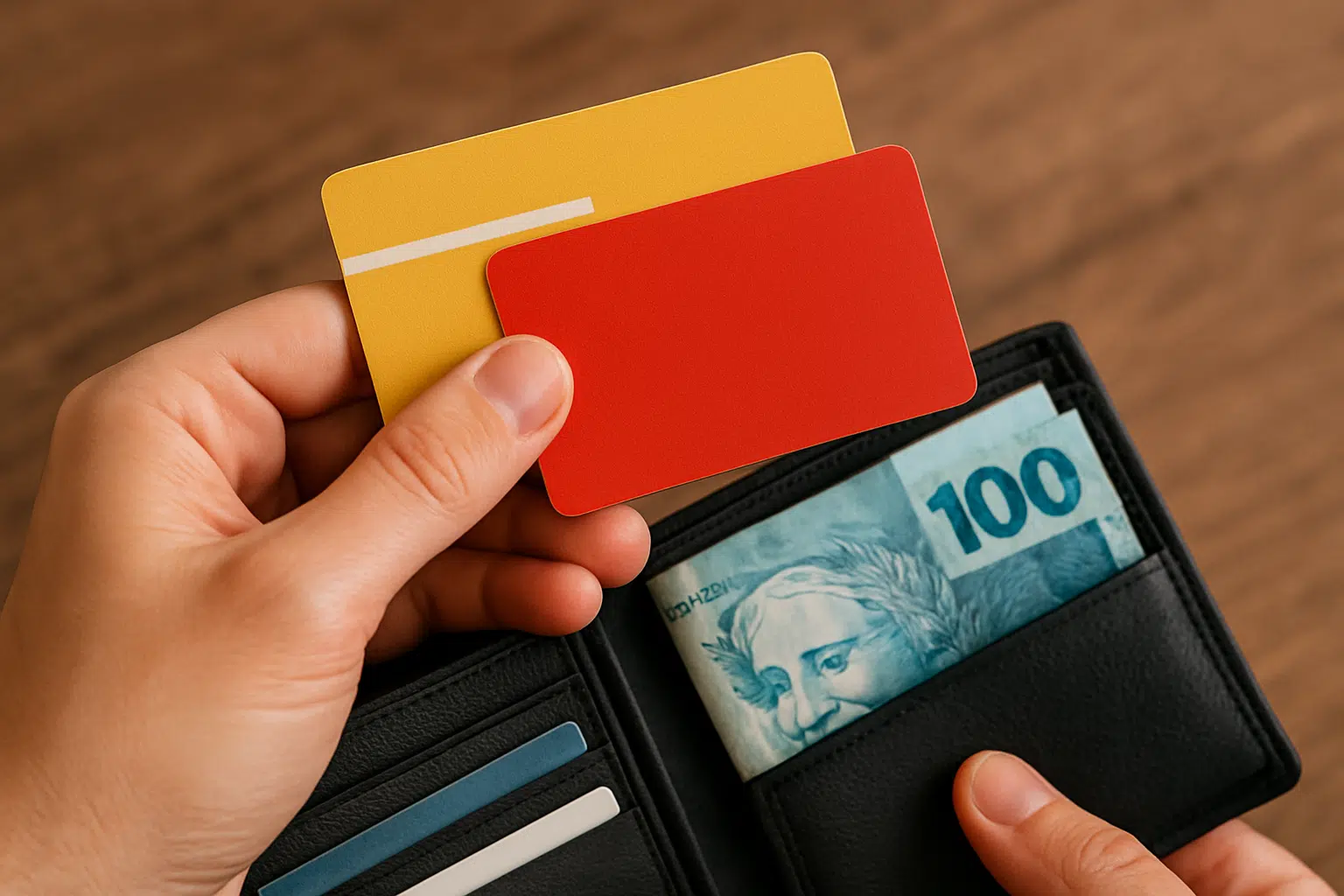 Dia das Mães: 10 dicas para evitar golpes e comprar com segurança 6 Mãos segurando carteira preta de couro com nota de 100 reais e dois cartões nas cores amarela e vermelha