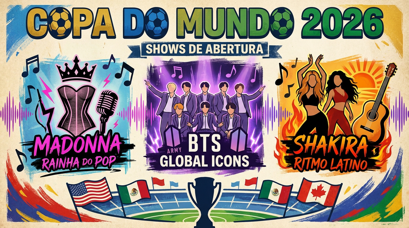 Copa do Mundo 2026 anuncia: Madonna, BTS e Shakira comandam show inédito no intervalo da final em 19 de julho 6 Arte promocional Copa 2026 com ilustrações de Madonna, BTS e Shakira junto a troféu e bandeiras dos EUA, México e Canadá