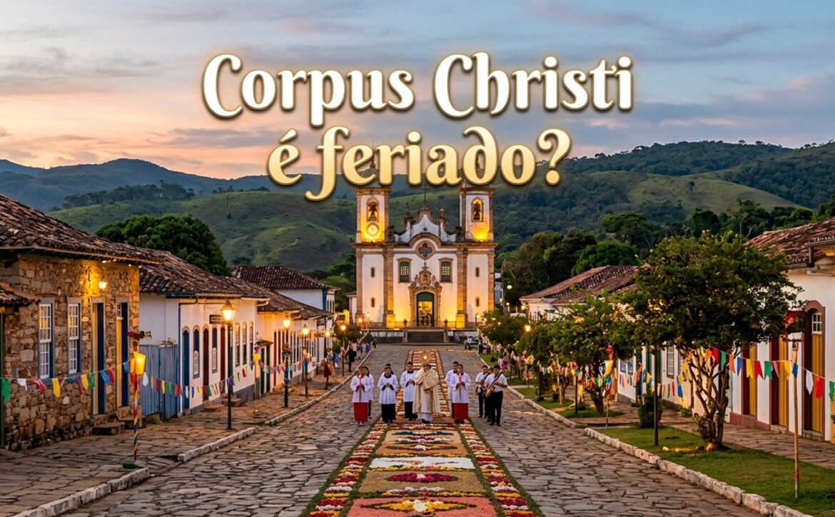 Sacerdotes caminham sobre tapete floral na rua de pedras, com Igreja Matriz de Santo Antônio ao fundo em Tiradentes, MG
