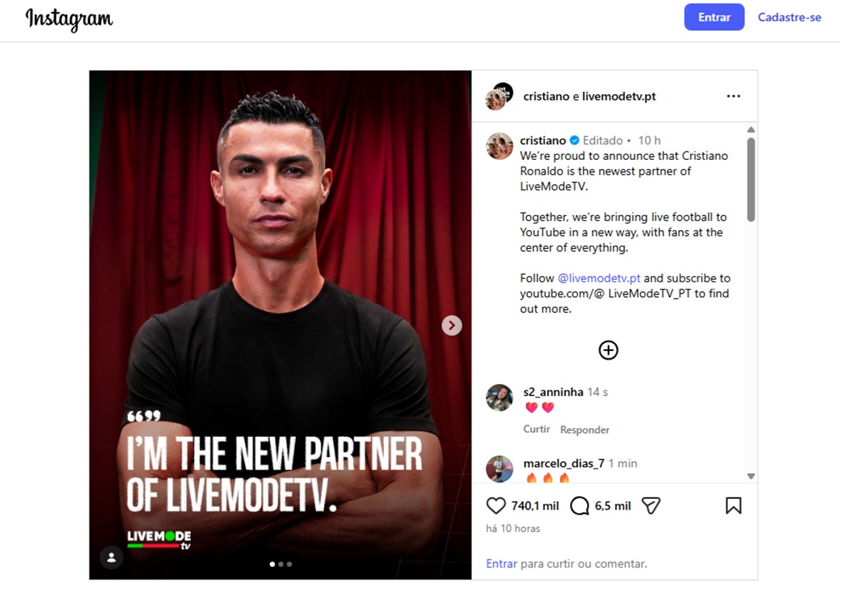 Novo sócio de peso: Cristiano Ronaldo adquire participação na LiveMode, dona da CazéTV 6 CR7 de braços cruzados, camiseta preta com frase "I'm the new partner of LiveModeTV" e logo da empresa