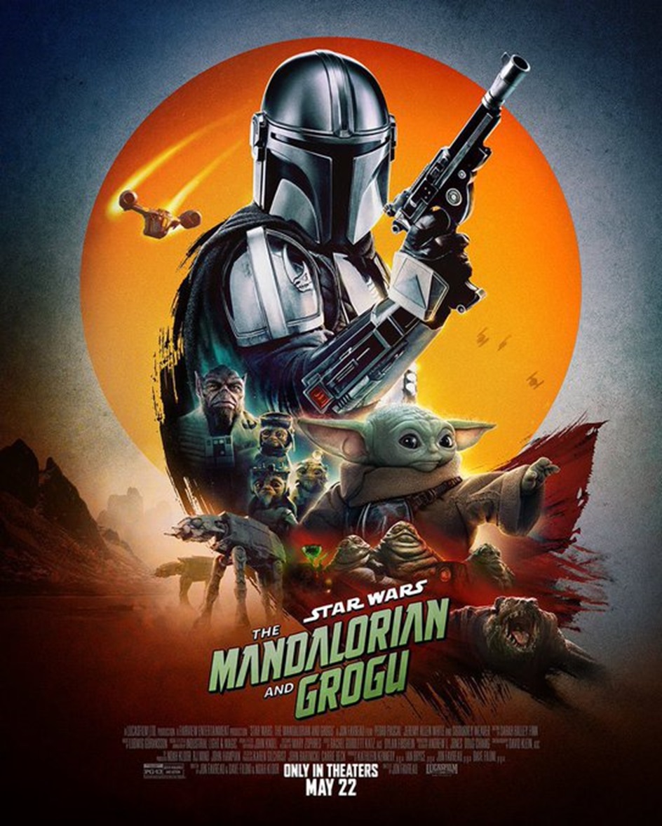 Dia de Star Wars: trailer especial do Mandaloriano e Grogu é lançado; assista 6 Mandaloriano com armadura beskar e blaster, Grogu verde abaixo, sol laranja e personagens de Star Wars ao fundo