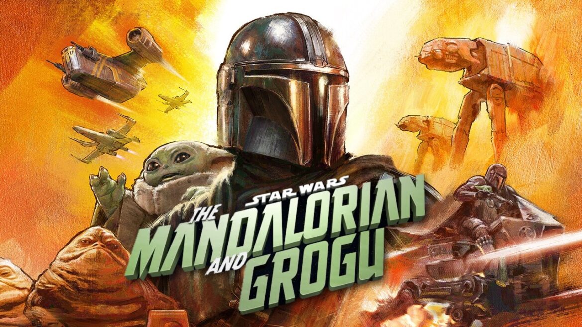 Pôster do filme Star Wars: The Mandalorian and Grogu com Din Djarin de capacete segurando Grogu, cercado por naves e AT-AT