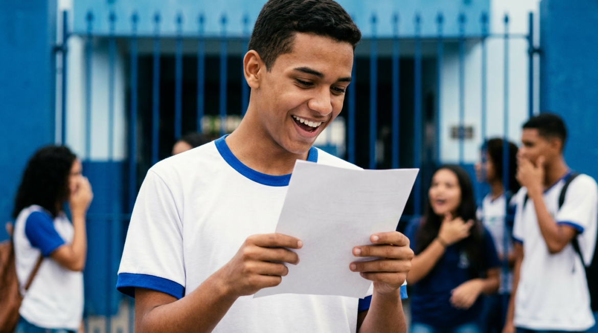 Jovem de camiseta branca com gola azul sorri ao ler papel em frente a portão azul de escola, colegas ao fundo