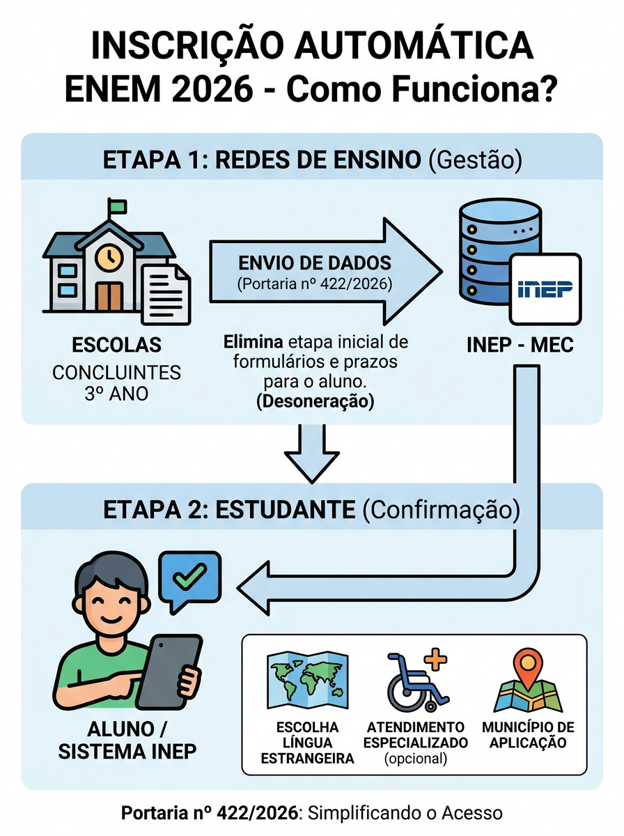 Enem 2026: inscrição automática para alunos do 3º ano da rede pública começa a valer neste ano 6 Infográfico com duas etapas: escolas enviam dados ao Inep e aluno confirma participação no sistema