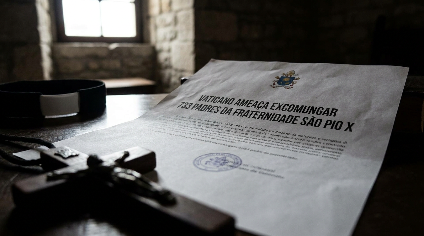 Vaticano ameaça excomungar 733 padres da Fraternidade São Pio X; entenda o caso 6 Documento oficial com brasão papal sobre mesa de madeira, crucifixo e cinto clerical, texto ameaça excomunhão da FSSPX