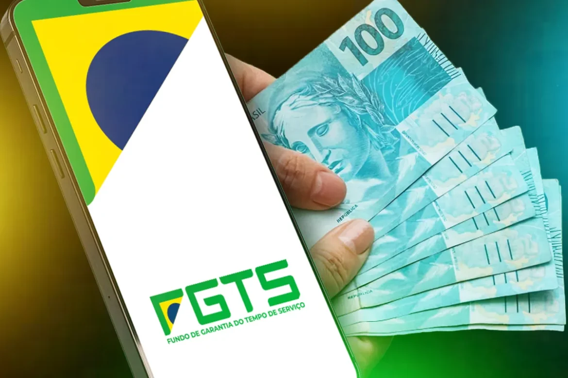 Mão segura notas de R$ 100 ao lado de smartphone com app FGTS e bandeira do Brasil na tela