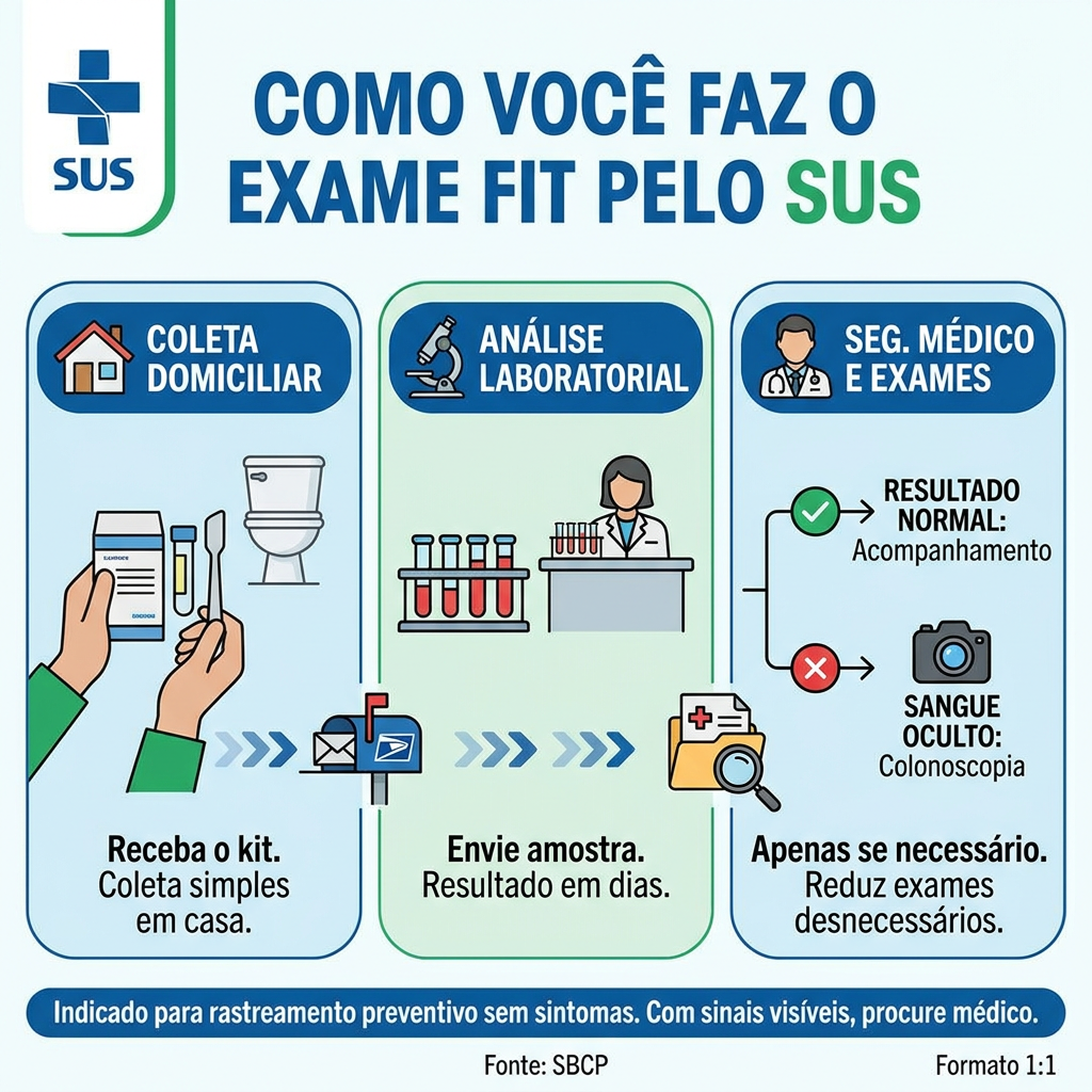 Novo exame do SUS identifica câncer de intestino antes do surgimento dos sintomas 6 Infográfico do SUS mostrando 3 etapas do exame FIT: coleta domiciliar, análise laboratorial e acompanhamento médico