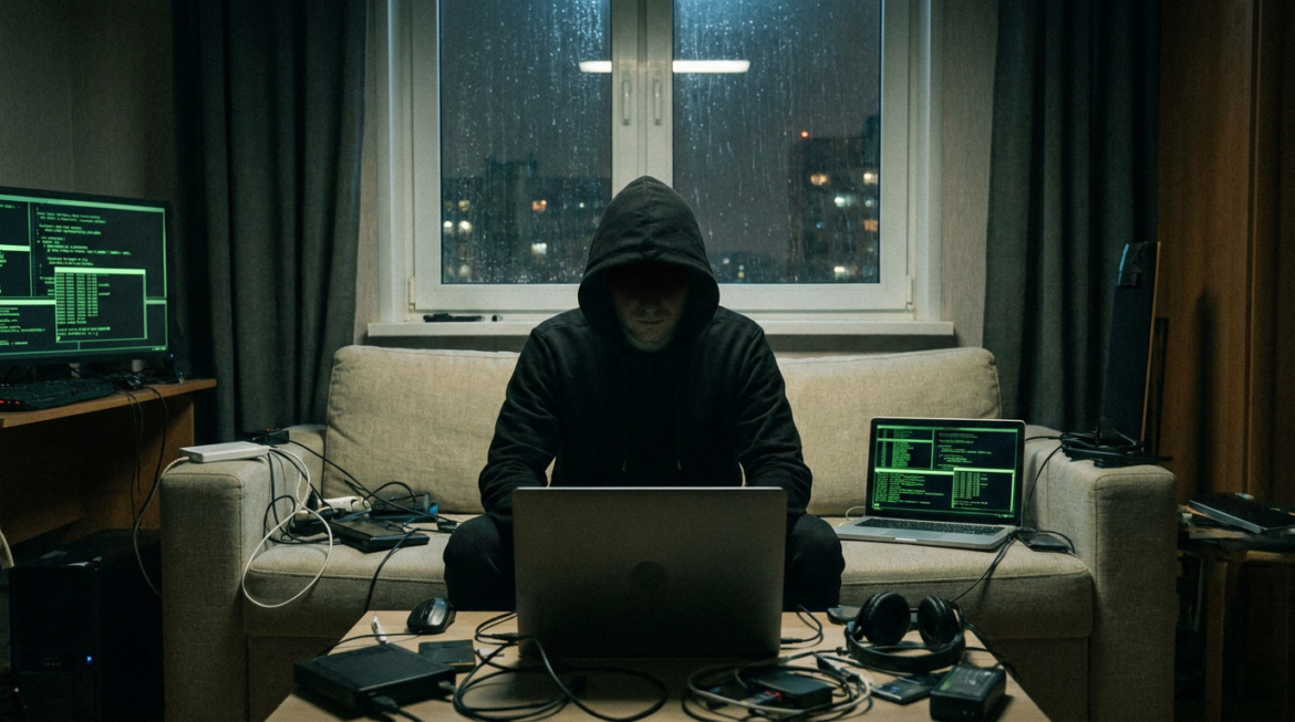 Pessoa encapuzada sentada em sofá usando laptop, com telas exibindo códigos verdes e equipamentos de hacking