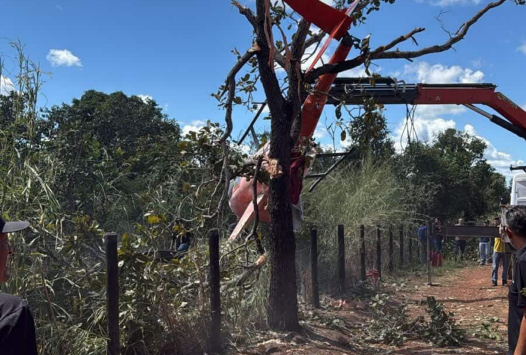 Acidente: helicóptero da dupla sertaneja Henrique e Juliano despenca em fazenda 6 Helicóptero vermelho e branco pendurado em árvore após pouso de emergência em fazenda no Tocantins, com pessoas ao redor