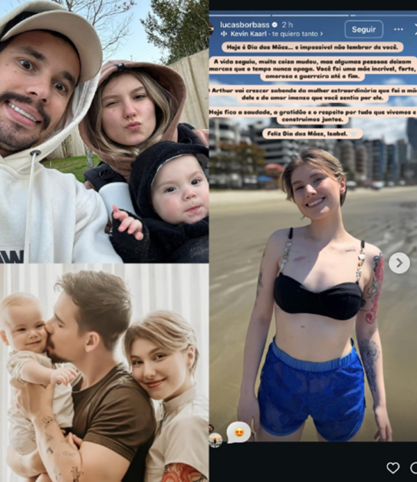 Viúvo homenageia Isabel Veloso no Dia das Mães e recebe críticas pesadas nas redes sociais 6 Colagem com fotos de Lucas Borbas, Isabel Veloso e filho Arthur junto a story do Instagram com homenagem de Dia das Mães