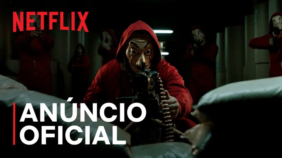 Personagens com macacões vermelhos e máscaras de Salvador Dalí segurando armas, cena de La Casa de Papel com logo Netflix