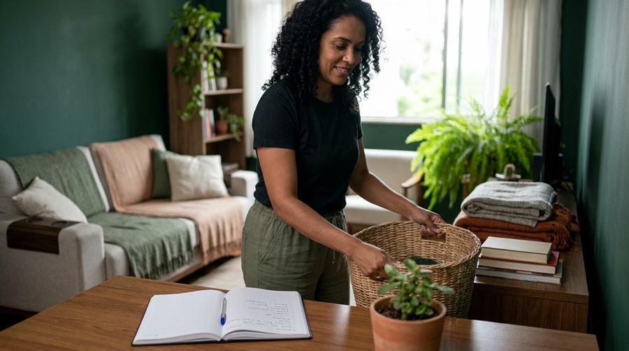 Limpeza por zonas: o método que deixa a casa em ordem sem faxina pesada no fim de semana 6 Mulher de cabelos cacheados segura cesto de vime em sala verde com sofá bege, plantas e caderno aberto na mesa