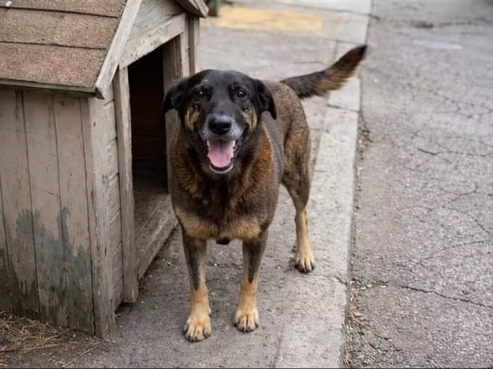 MP de SC investiga e afirma: morte do cão Orelha não foi por agressão 6 Cachorro de pelagem preta e marrom, boca aberta e rabo erguido em frente à casinha de madeira na calçada.
