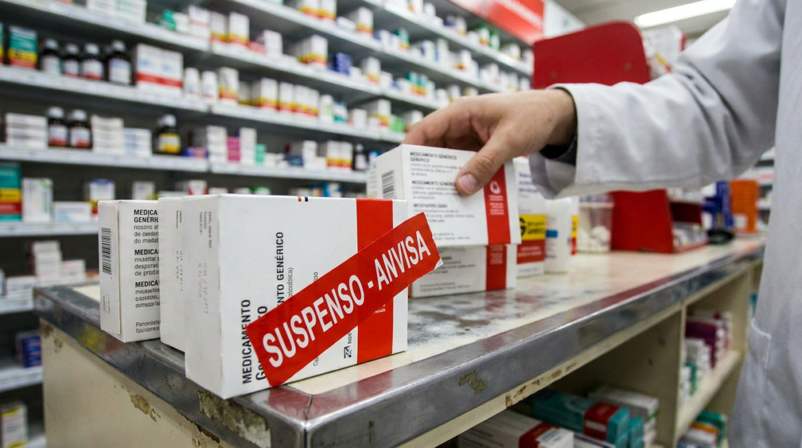 Mão de farmacêutico segura caixa de medicamento genérico com faixa vermelha "SUSPENSO - ANVISA" em prateleira de farmácia