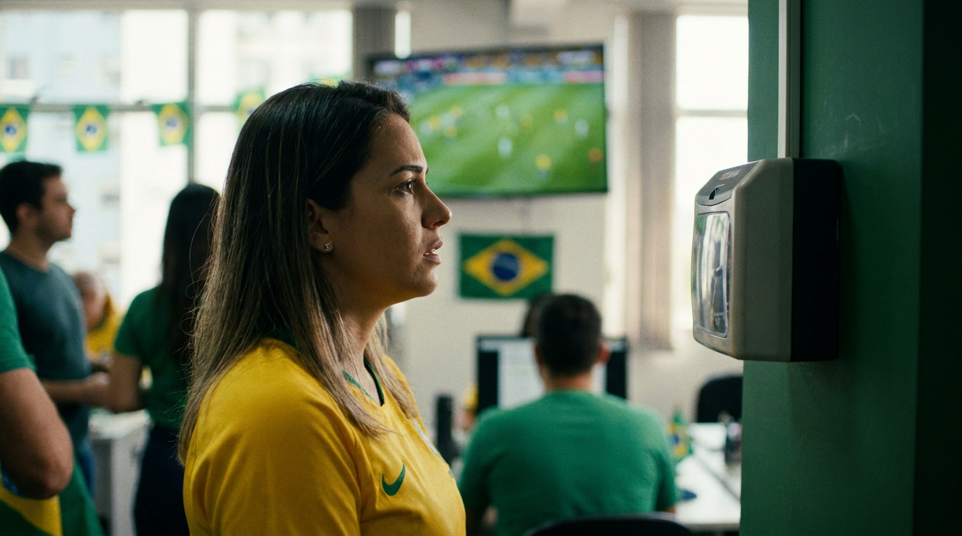 Folga em jogos do Brasil na Copa 2026 será facultativa para empresas; entenda 6 Mulher com camisa amarela da seleção brasileira Nike assiste jogo em TV no escritório decorado com bandeiras do Brasil