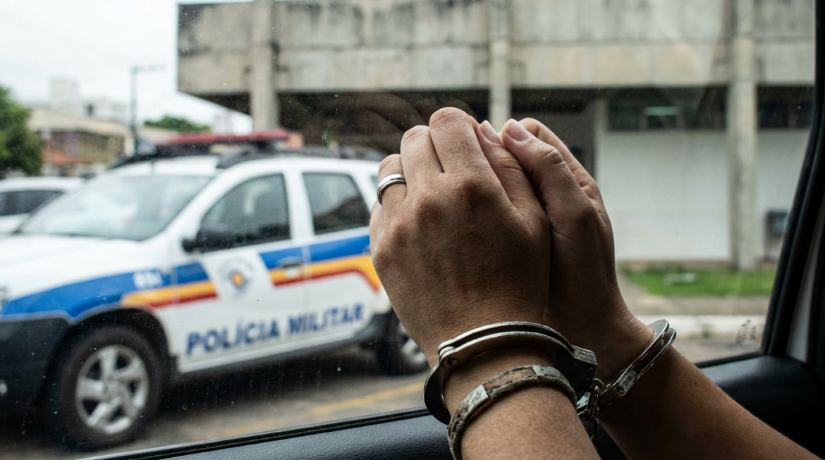 Mãos algemadas em posição de oração dentro de veículo, com viatura da Polícia Militar ao fundo
